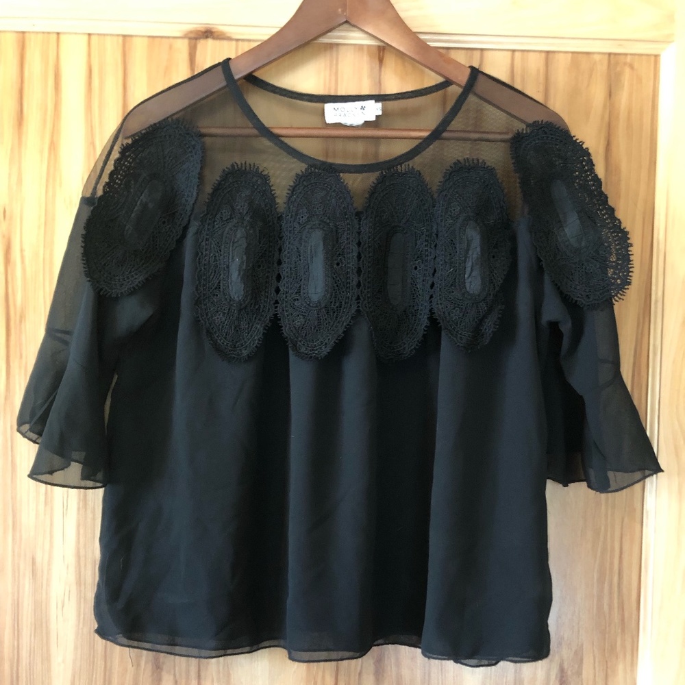 Molly Bracken Women's Sheer Black Lace Blouse, Size XS, Brand New
